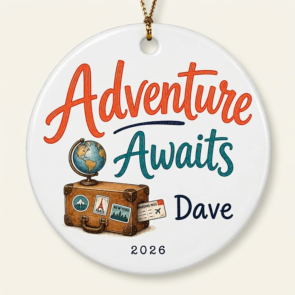 Adventure Awaits Personalized Travel Retirement Christmas Ornament hero