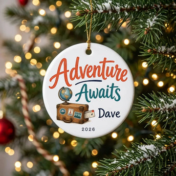 Adventure Awaits Personalized Travel Retirement Christmas Ornament tree