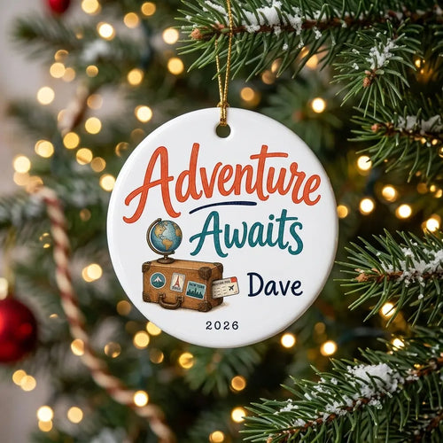 Adventure Awaits Personalized Travel Retirement Christmas Ornament tree