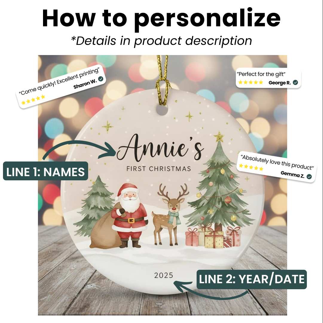 Christmas ornament with Santa Claus, reindeer, and tree design on a wooden surface with blurred lights in the background.