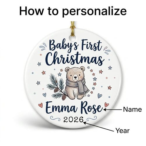 Baby Bear Scarf Personalized Baby First Christmas Ornament guide