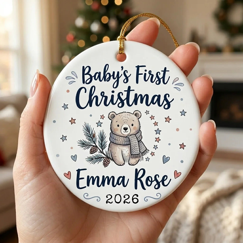 Baby Bear Scarf Personalized Baby First Christmas Ornament hand
