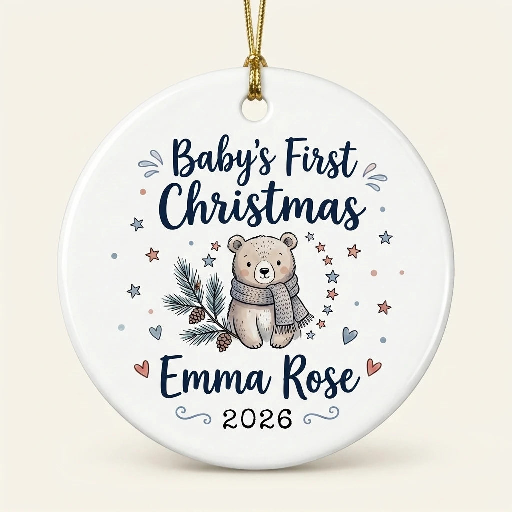 Baby Bear Scarf Personalized Baby First Christmas Ornament hero