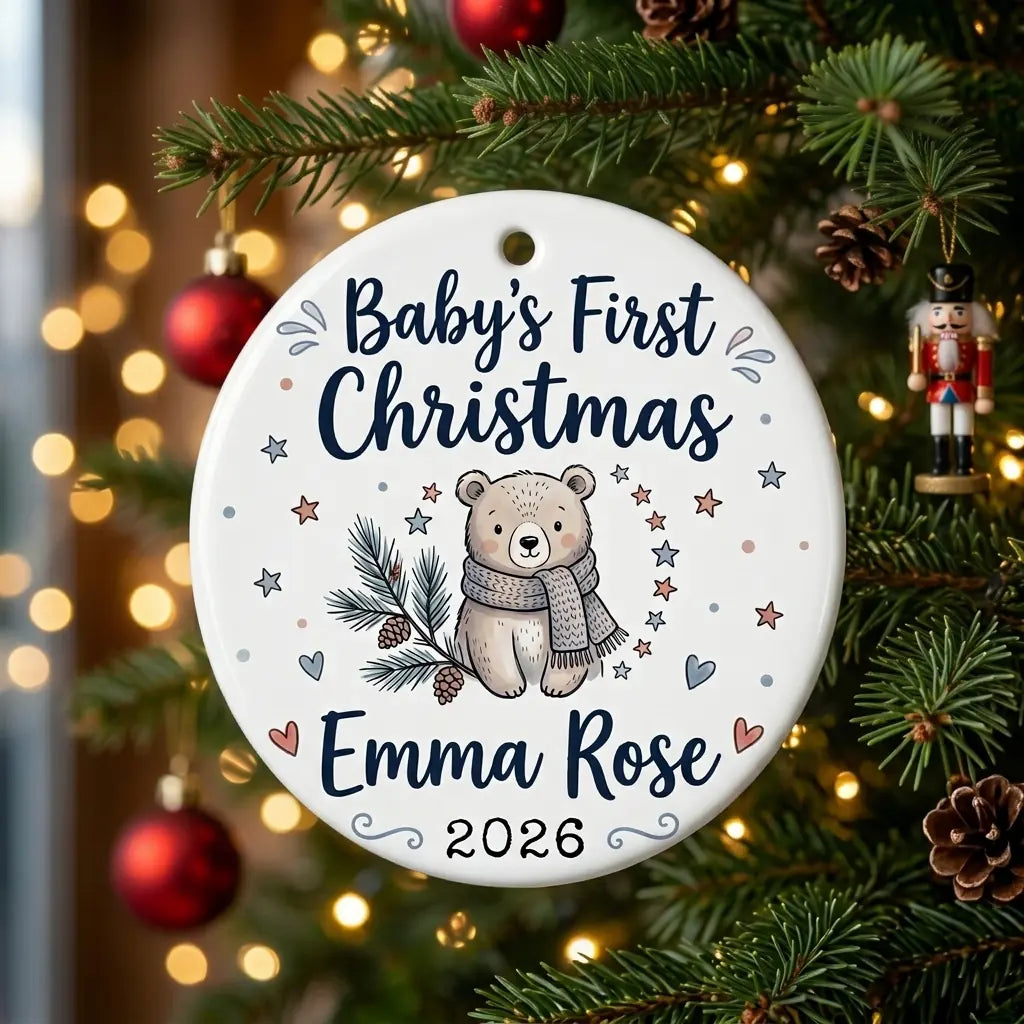 Baby Bear Scarf Personalized Baby First Christmas Ornament tree