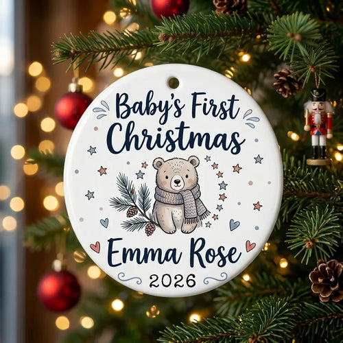 Baby Bear Scarf Personalized Baby First Christmas Ornament tree