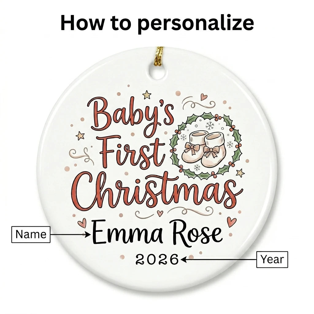 Baby Booties Classic Personalized Baby First Christmas Ornament guide