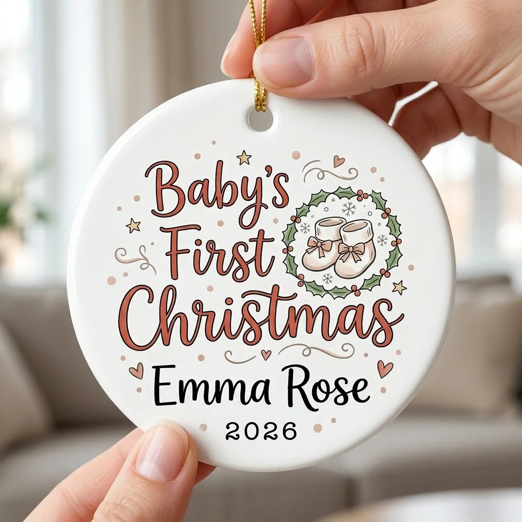 Baby Booties Classic Personalized Baby First Christmas Ornament hand