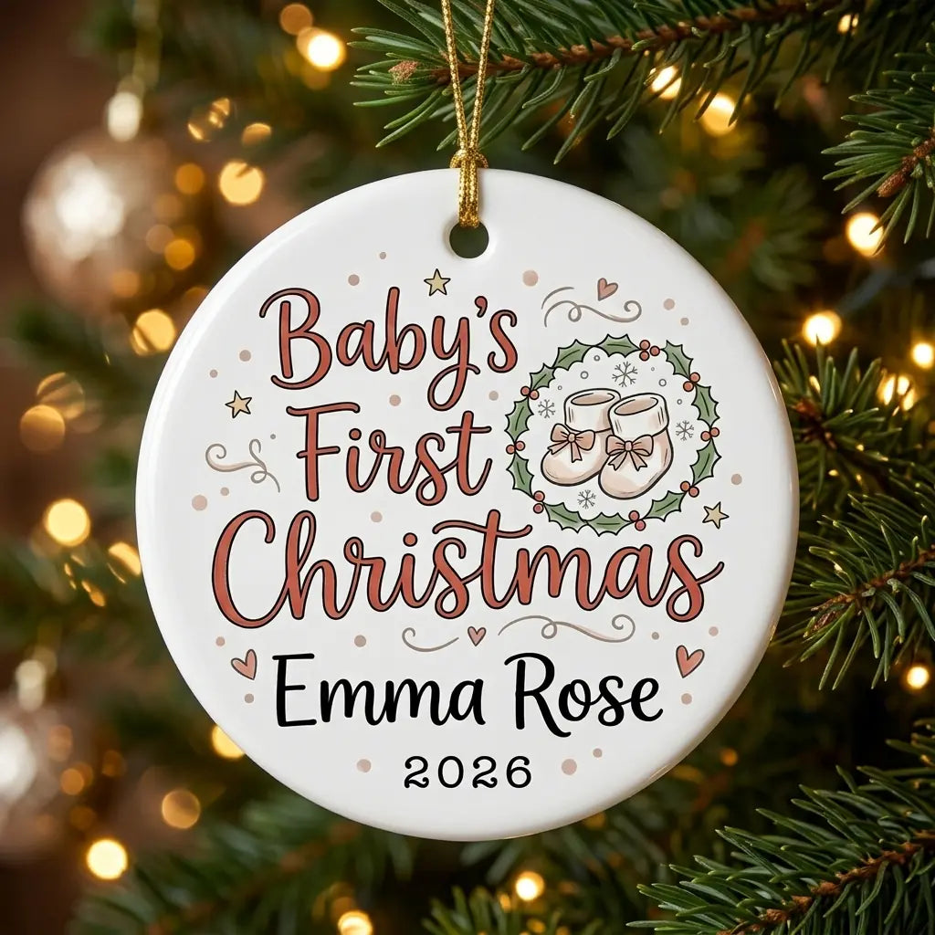 Baby Booties Classic Personalized Baby First Christmas Ornament tree