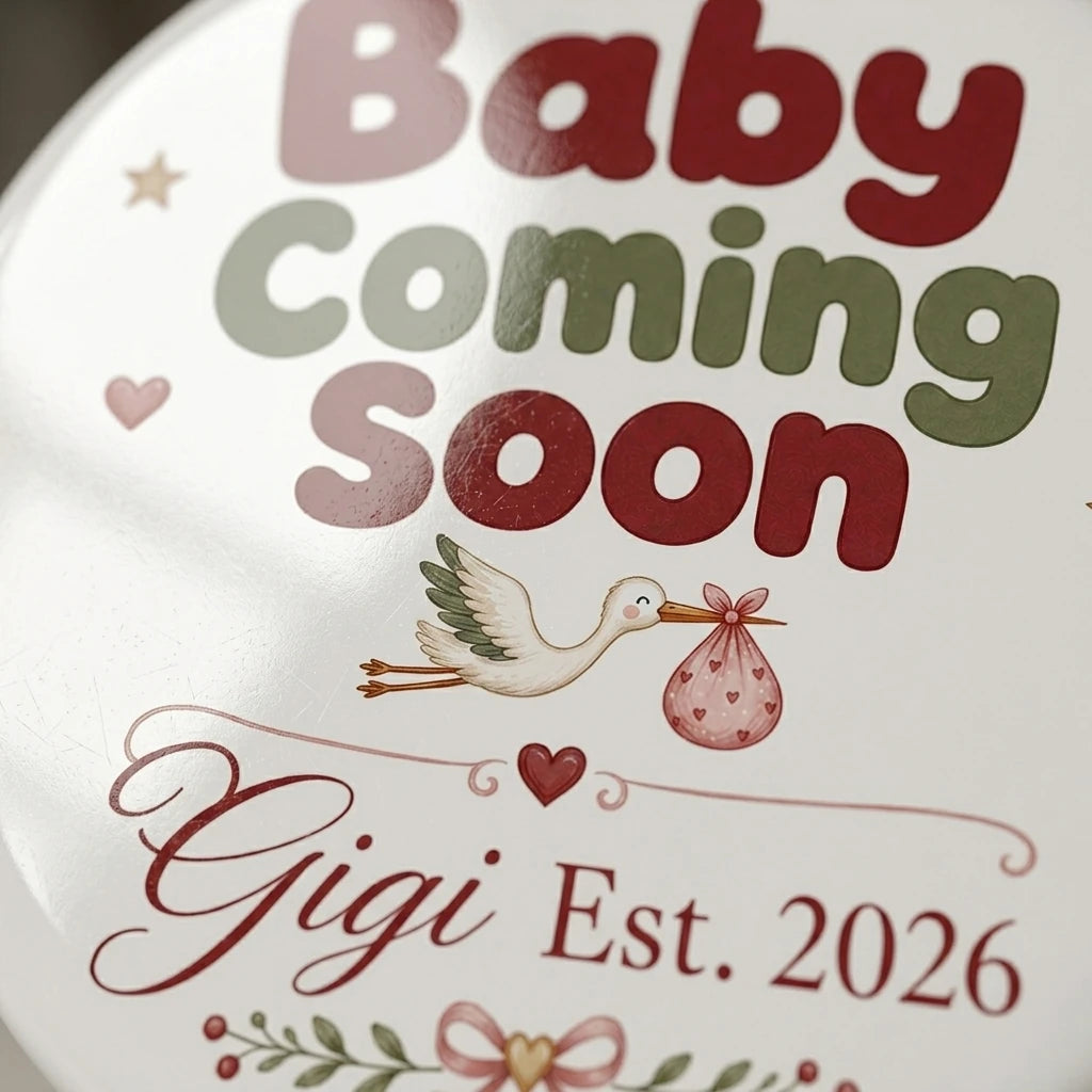 Baby Coming Soon Gigi Personalized Grandparent Christmas Ornament detail