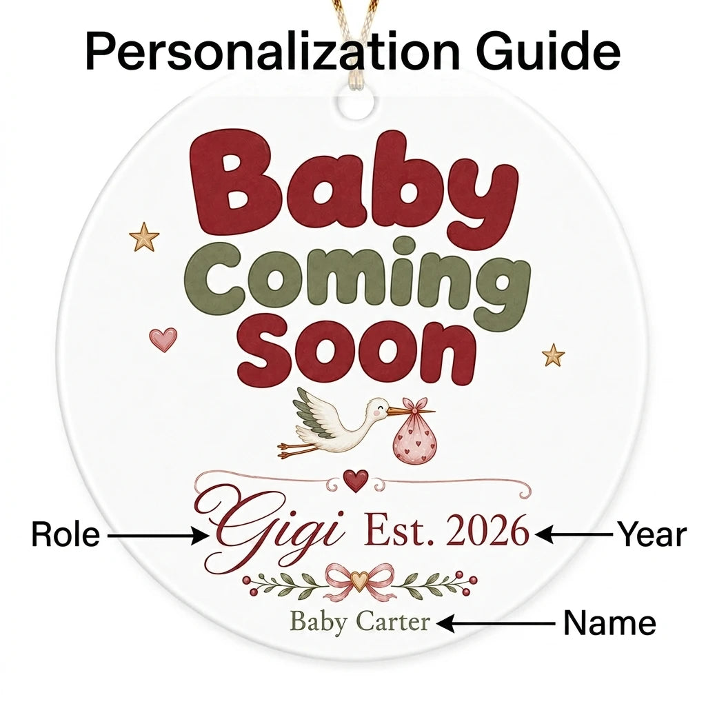 Baby Coming Soon Gigi Personalized Grandparent Christmas Ornament guide