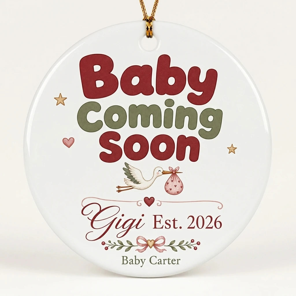 Baby Coming Soon Gigi Personalized Grandparent Christmas Ornament hero