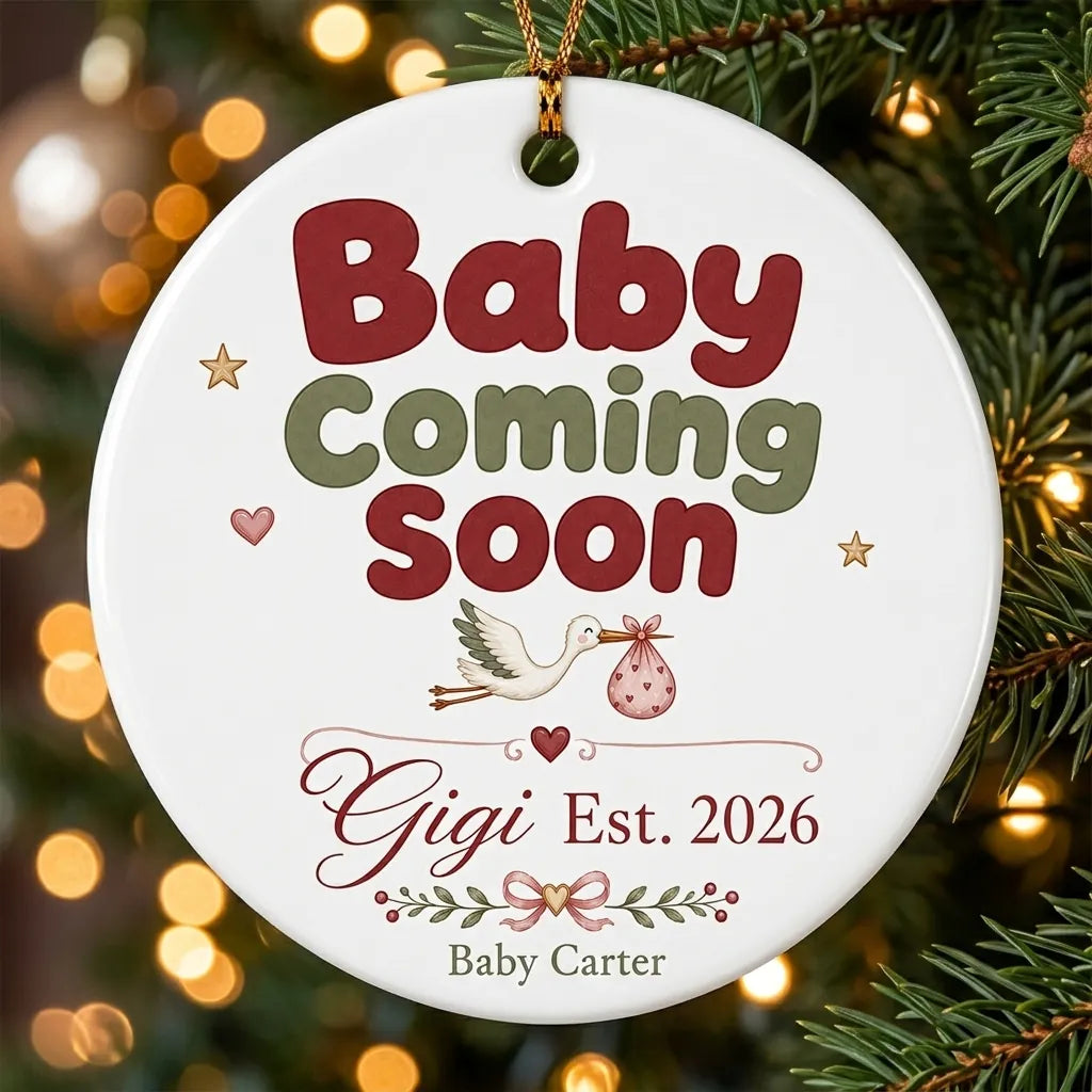 Baby Coming Soon Gigi Personalized Grandparent Christmas Ornament tree