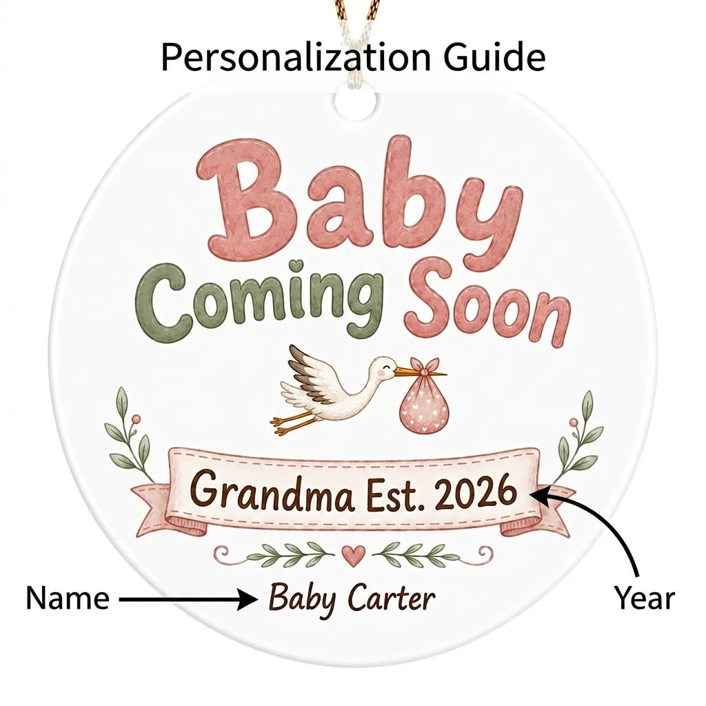 Baby Coming Soon Grandma Personalized Grandparent Christmas Ornament guide