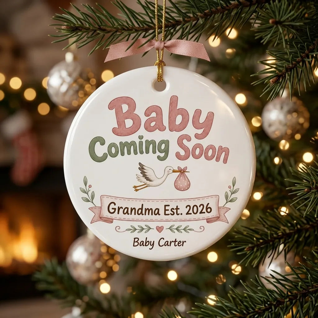 Baby Coming Soon Grandma Personalized Grandparent Christmas Ornament tree