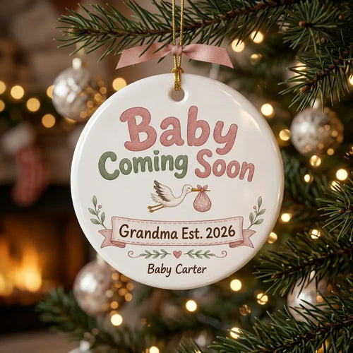 Baby Coming Soon Grandma Personalized Grandparent Christmas Ornament tree