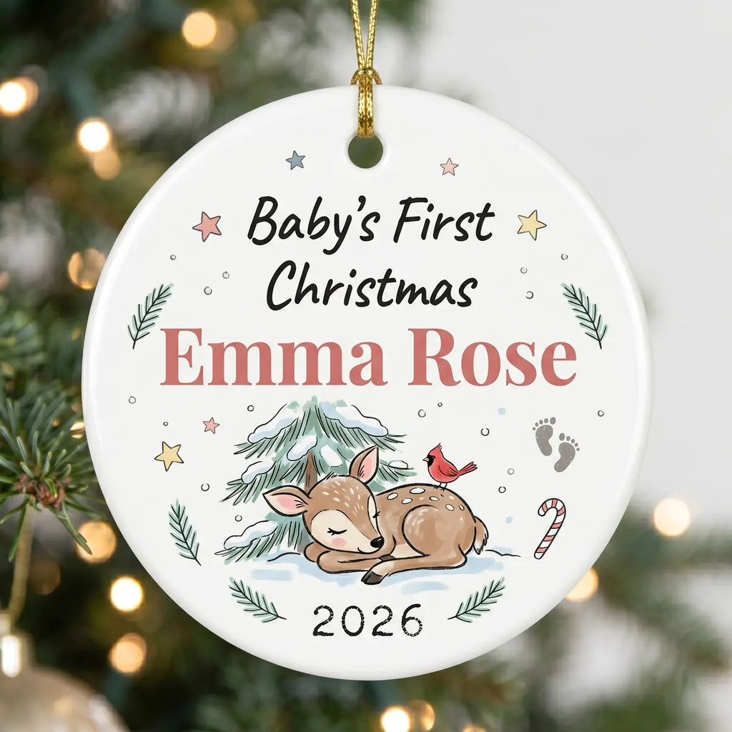 Baby Deer Watercolor Personalized Baby First Christmas Ornament detail