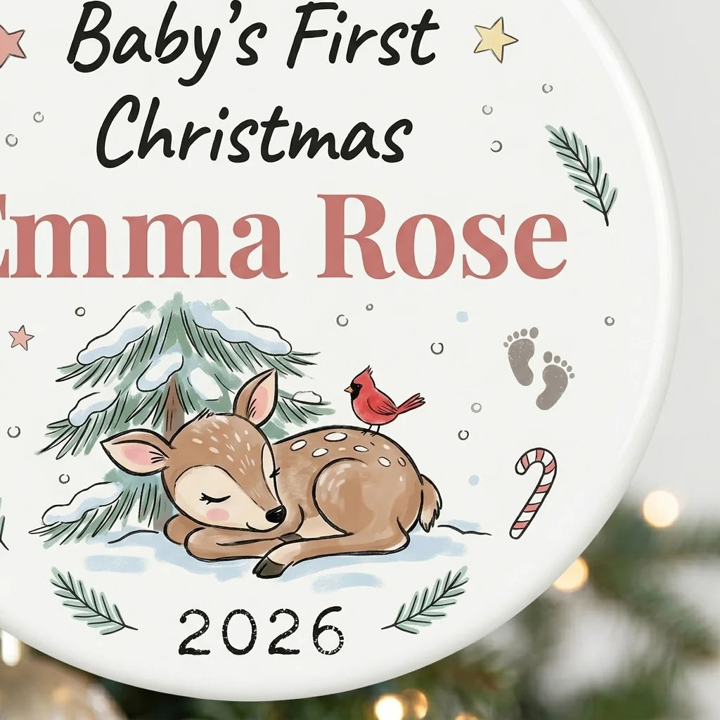Baby Deer Watercolor Personalized Baby First Christmas Ornament detail 2
