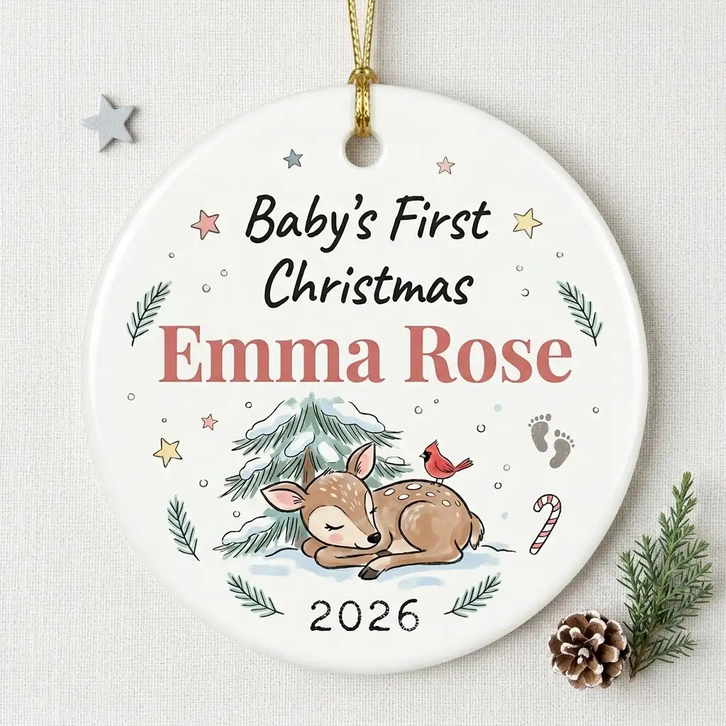 Baby Deer Watercolor Personalized Baby First Christmas Ornament detail 3