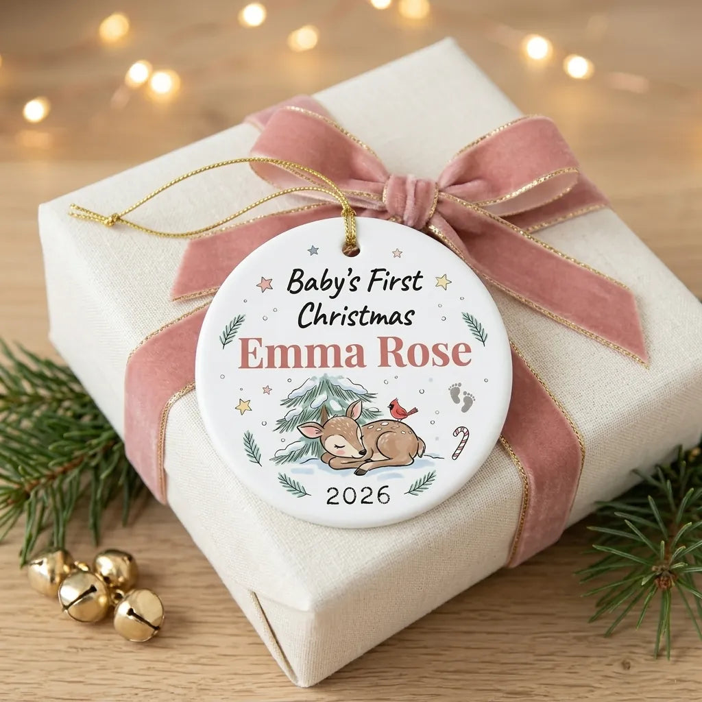 Baby Deer Watercolor Personalized Baby First Christmas Ornament gift