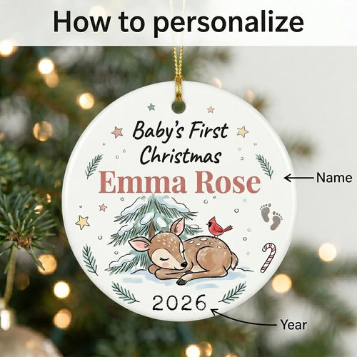 Baby Deer Watercolor Personalized Baby First Christmas Ornament guide