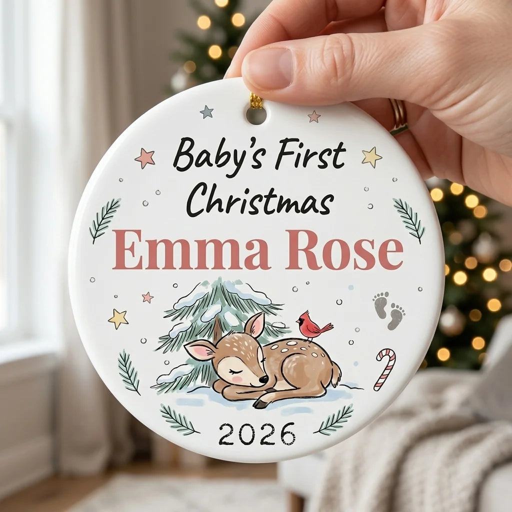 Baby Deer Watercolor Personalized Baby First Christmas Ornament hand