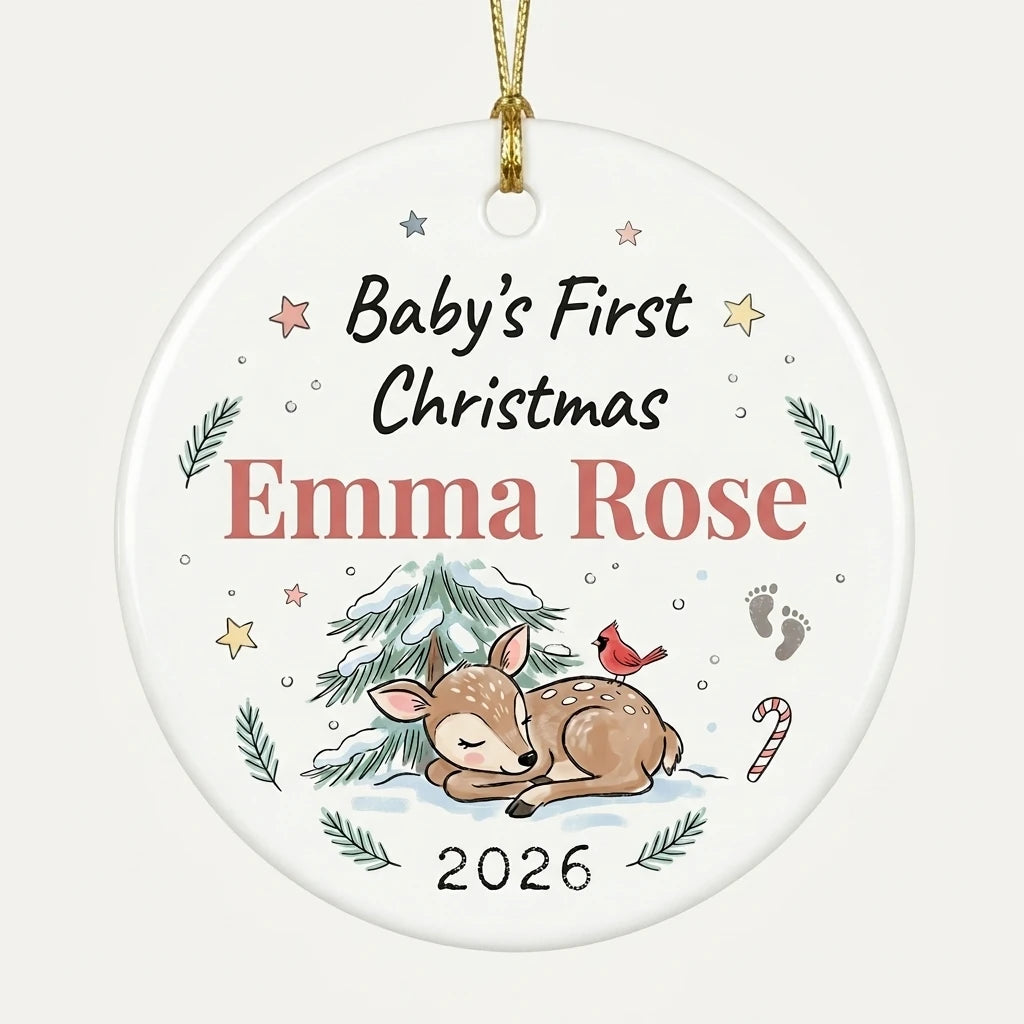 Baby Deer Watercolor Personalized Baby First Christmas Ornament hero