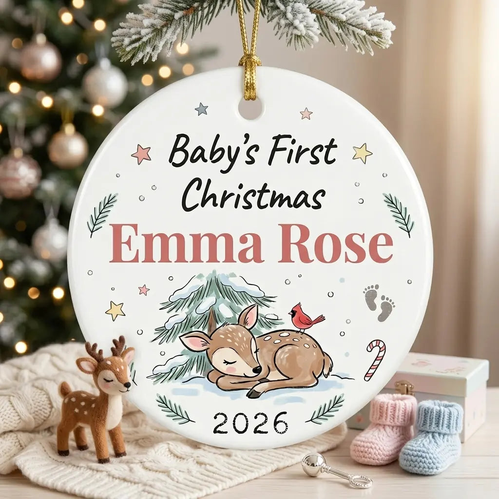 Baby Deer Watercolor Personalized Baby First Christmas Ornament lifestyle