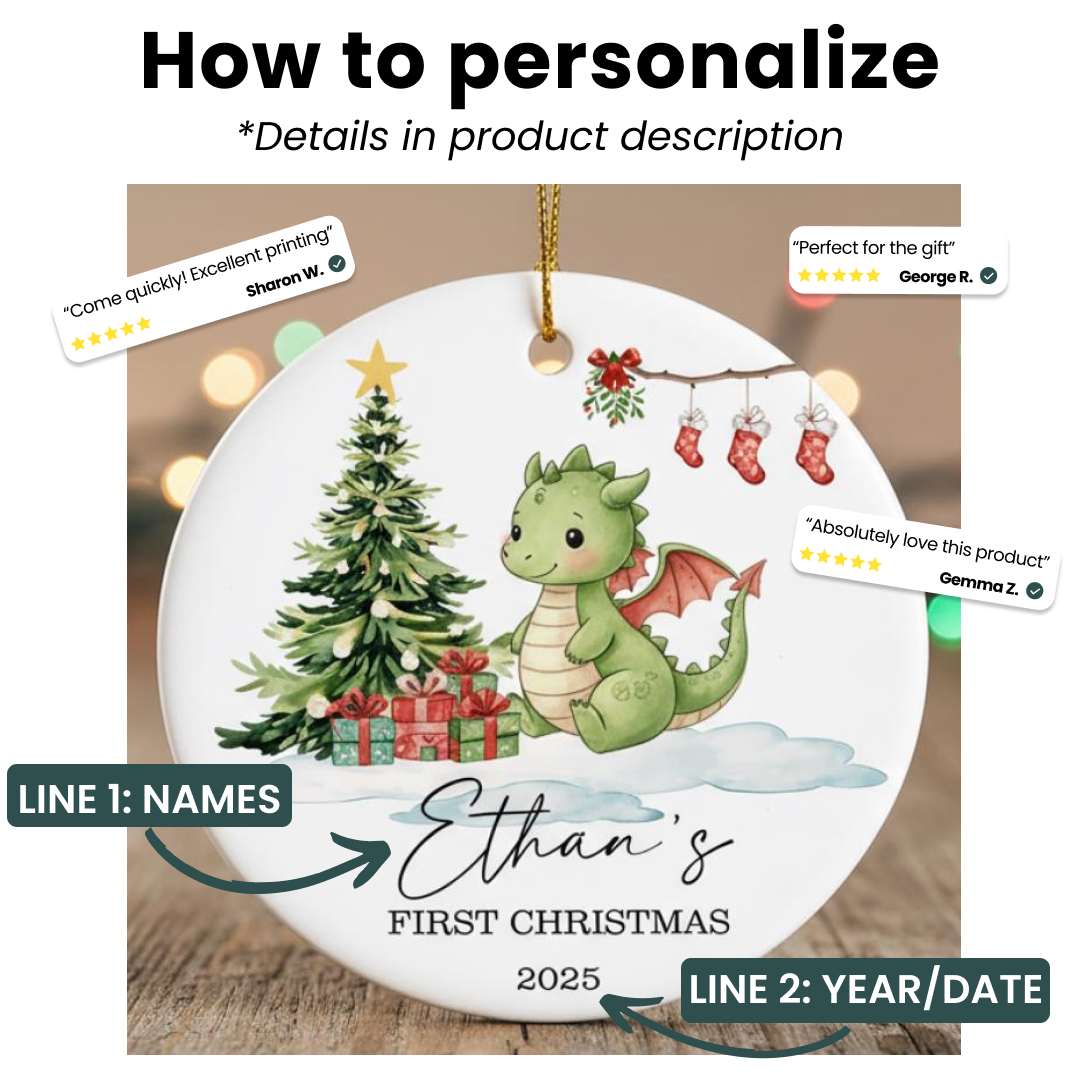 Personalized Christmas ornament with a dragon and tree design, customizable text on a wooden surface.