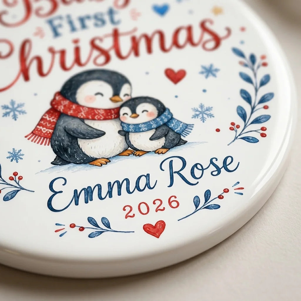 Baby Penguin Family Personalized Baby First Christmas Ornament detail