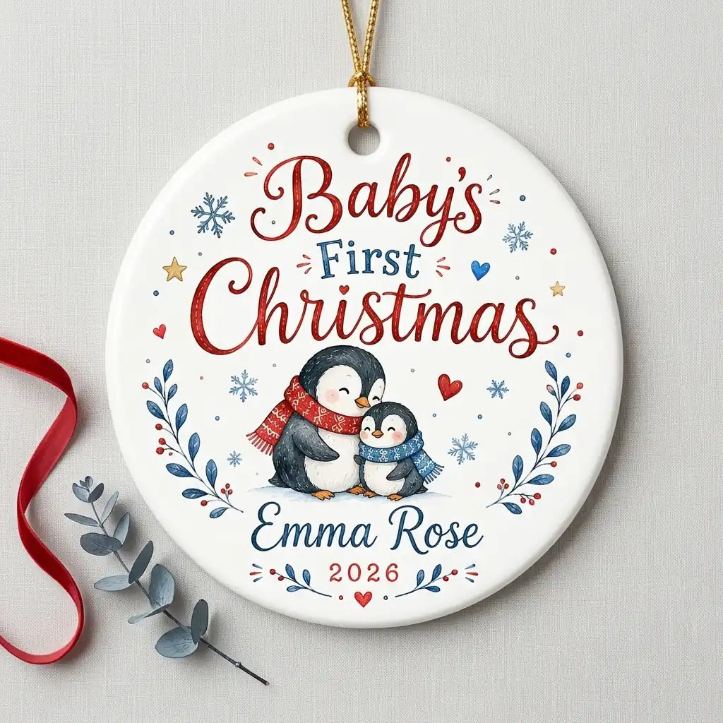 Baby Penguin Family Personalized Baby First Christmas Ornament detail 2