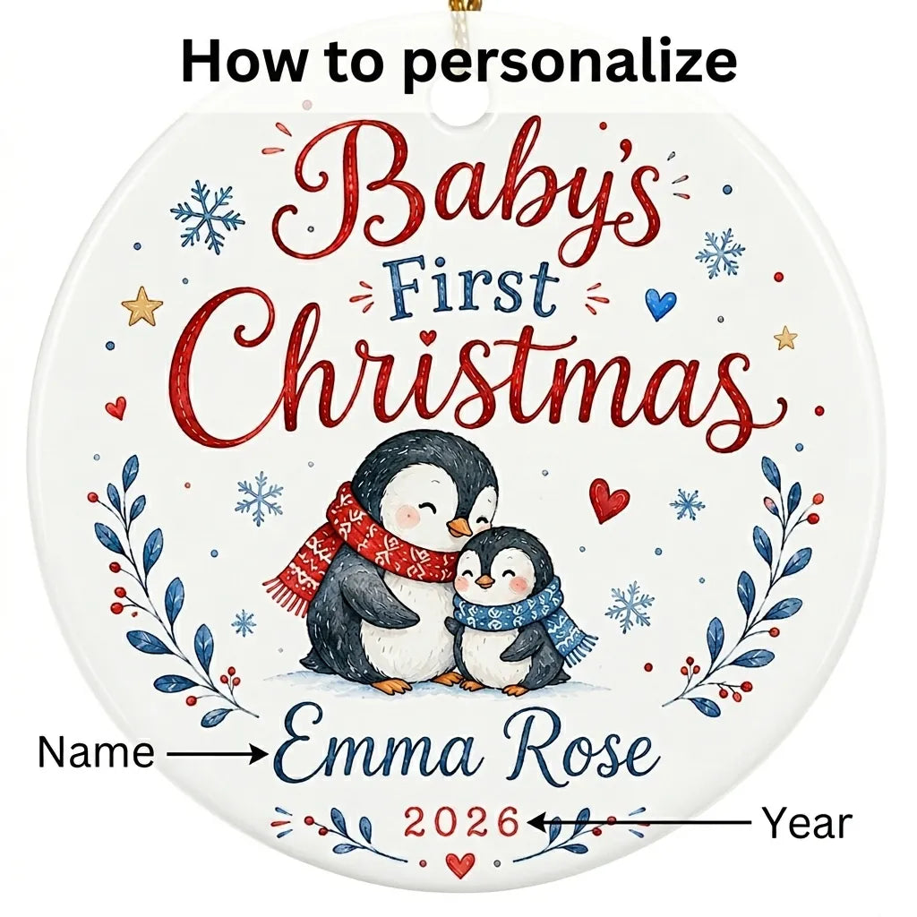 Baby Penguin Family Personalized Baby First Christmas Ornament guide