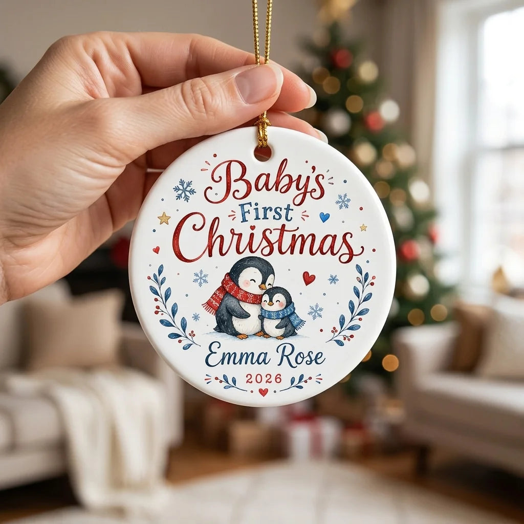 Baby Penguin Family Personalized Baby First Christmas Ornament hand