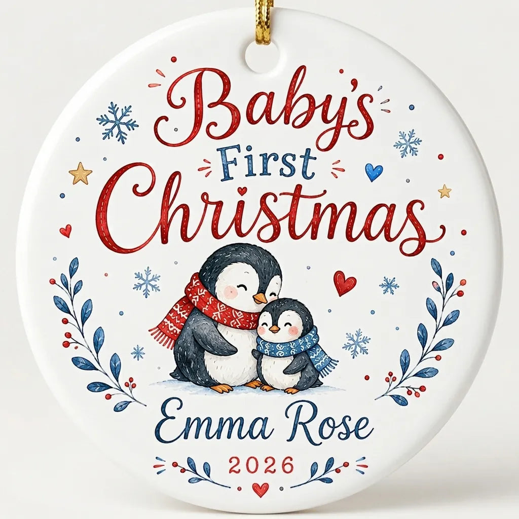 Baby Penguin Family Personalized Baby First Christmas Ornament hero