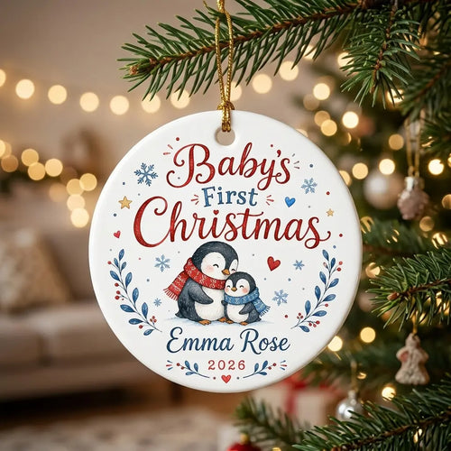 Baby Penguin Family Personalized Baby First Christmas Ornament tree