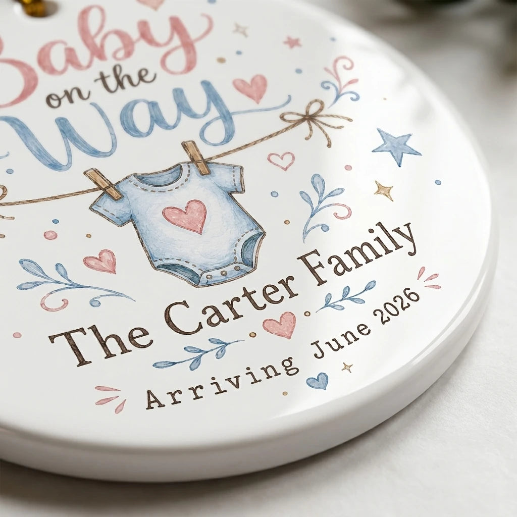 Baby on the Way Kid Core Personalized Pregnancy Announcement Christmas Ornament detail