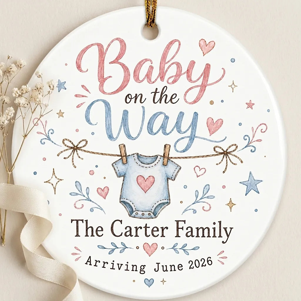 Baby on the Way Kid Core Personalized Pregnancy Announcement Christmas Ornament detail 2