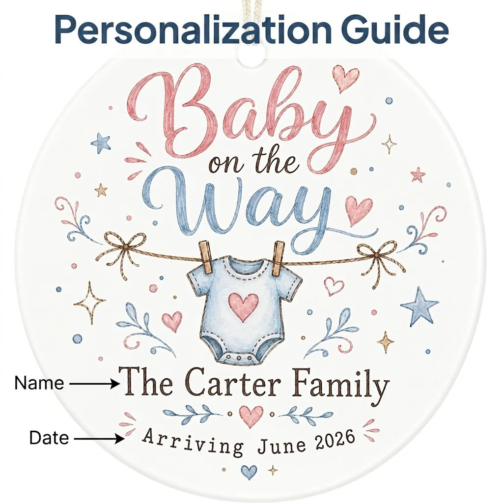 Baby on the Way Kid Core Personalized Pregnancy Announcement Christmas Ornament guide