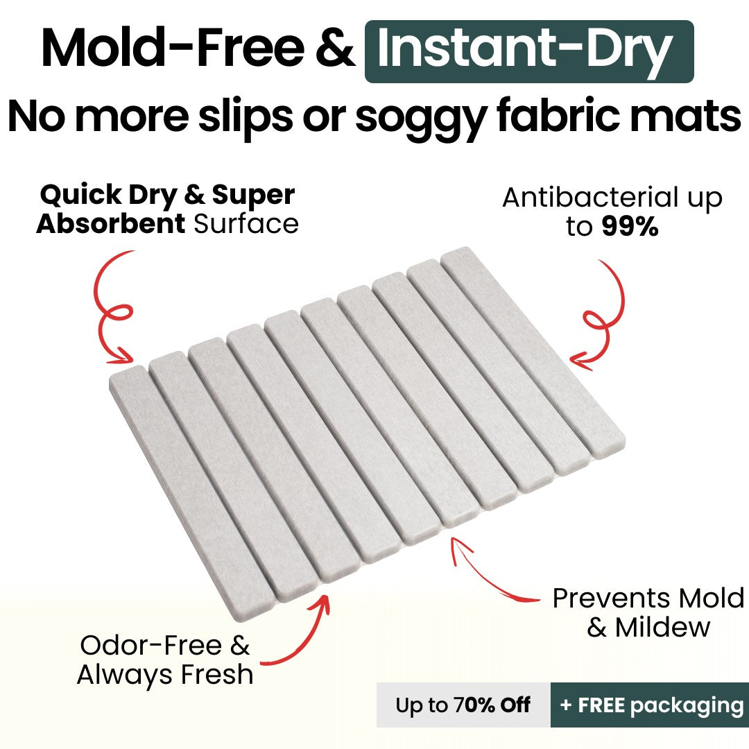 White bath mat with text highlighting features on a white background