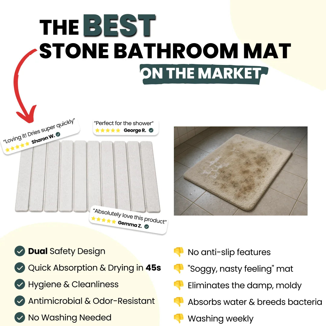 Product advertisement for instant dryness mats with text and customer feedback.