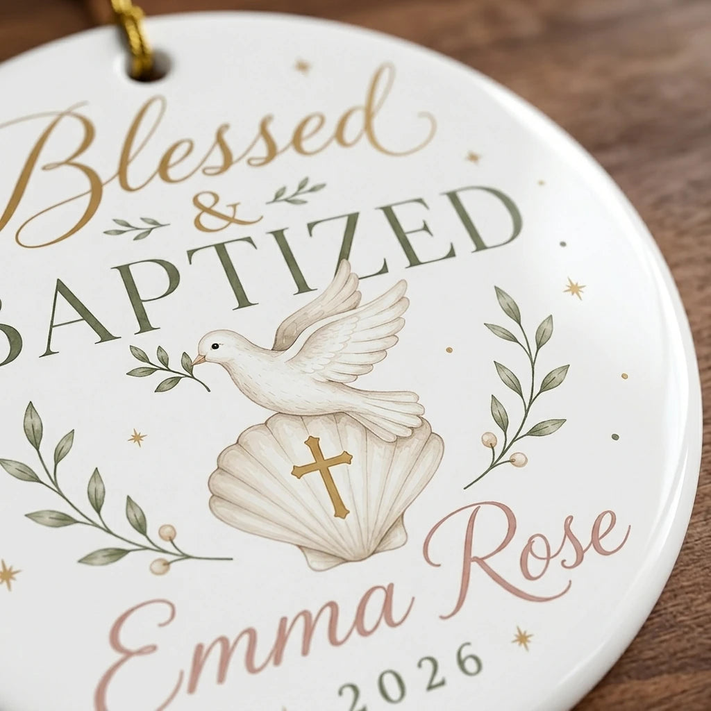 Blessed & Baptized Personalized Spiritual Christmas Ornament detail