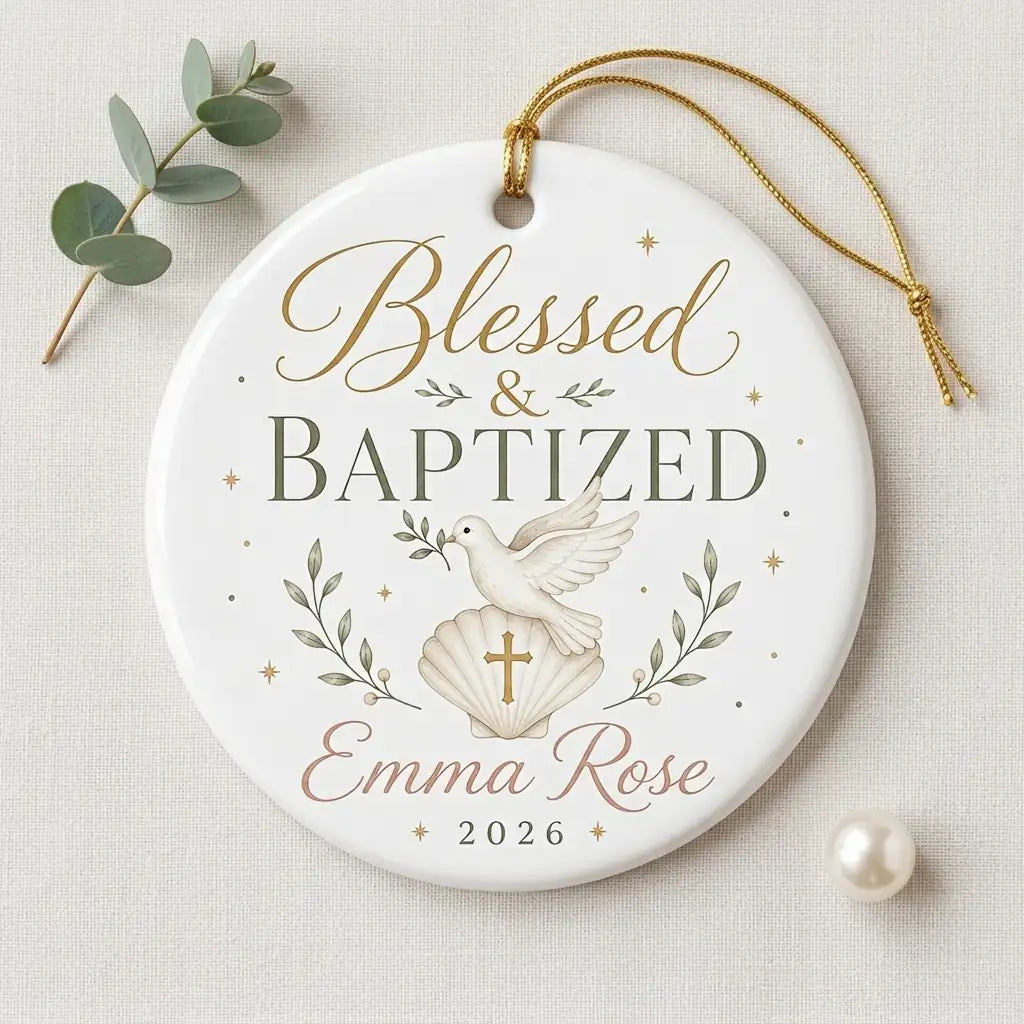 Blessed & Baptized Personalized Spiritual Christmas Ornament detail 2