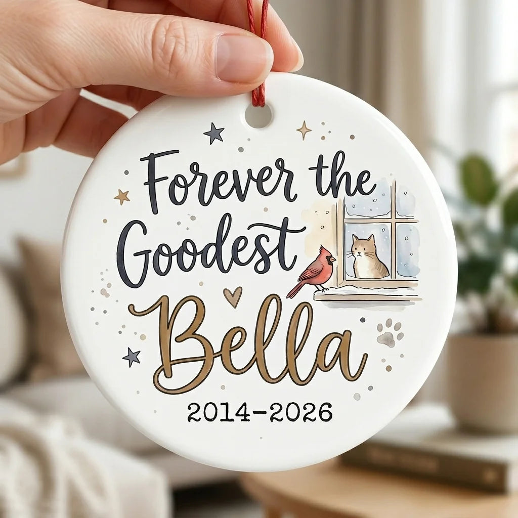 Cardinal Visitor Cat Personalized Pet Memorial Ornament hand