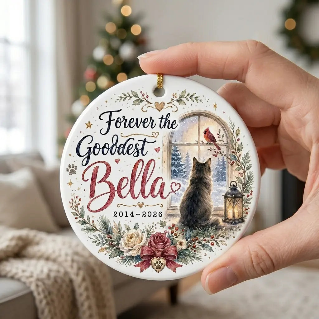 Cardinal Visitor Cat Personalized Pet Memorial Ornament hand 2