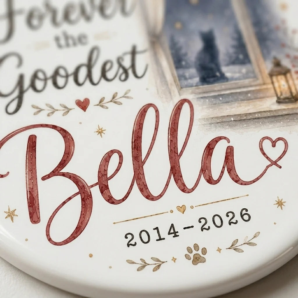 Cat in Window Personalized Pet Memorial Christmas Ornament detail