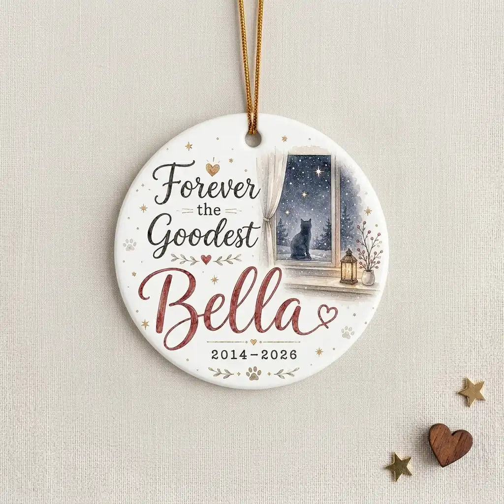 Cat in Window Personalized Pet Memorial Christmas Ornament detail 2