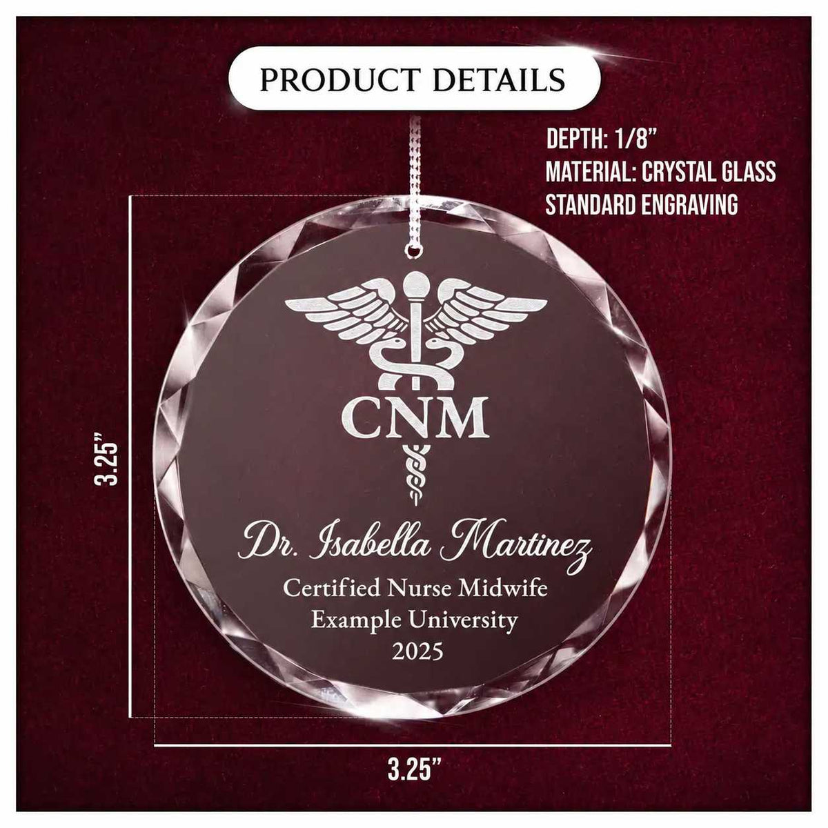 Product details card for a personalized engraved engraved crystal glass ornament, showing crystal glass construction, engraving, and a 3.25-inch size.