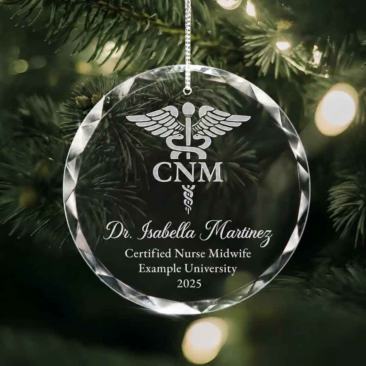 Personalized engraved crystal glass ornament featuring Certified Nurse Midwife.
