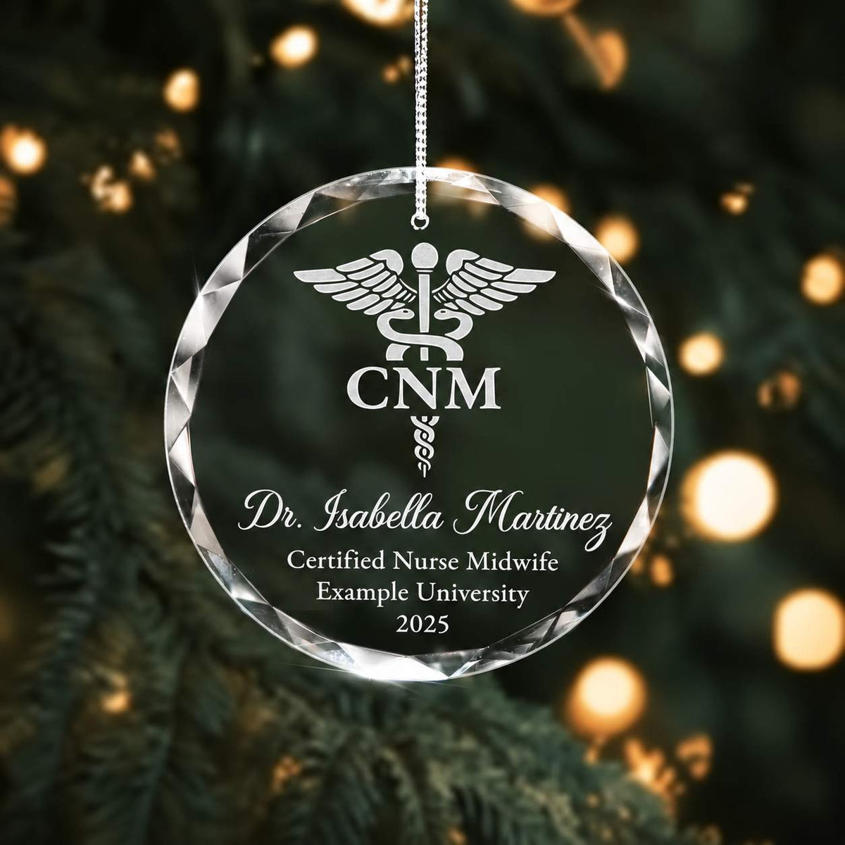 Additional view of a Certified Nurse Midwife personalized engraved engraved crystal glass ornament.
