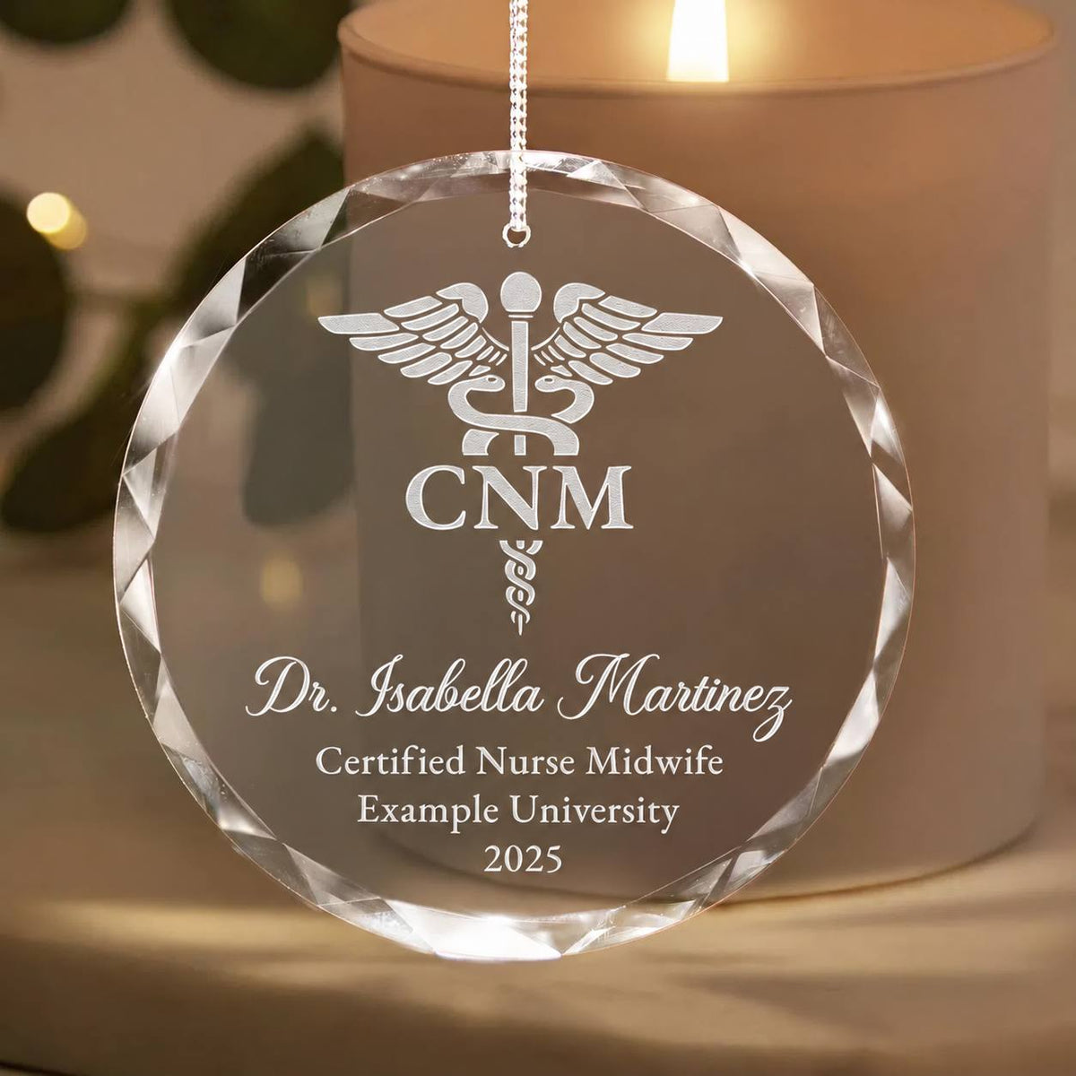 Additional view of a Certified Nurse Midwife personalized engraved engraved crystal glass ornament.