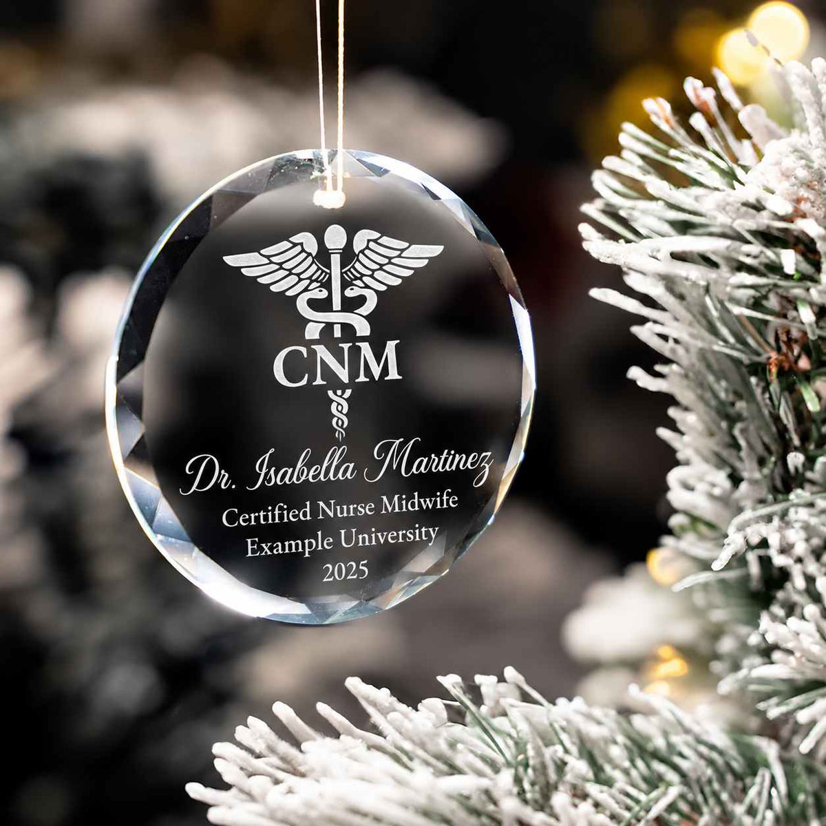 Additional view of a Certified Nurse Midwife personalized engraved engraved crystal glass ornament.